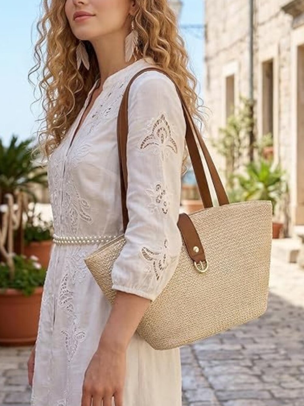 Natural Woven Straw Tote Bag with PU Leather Handle